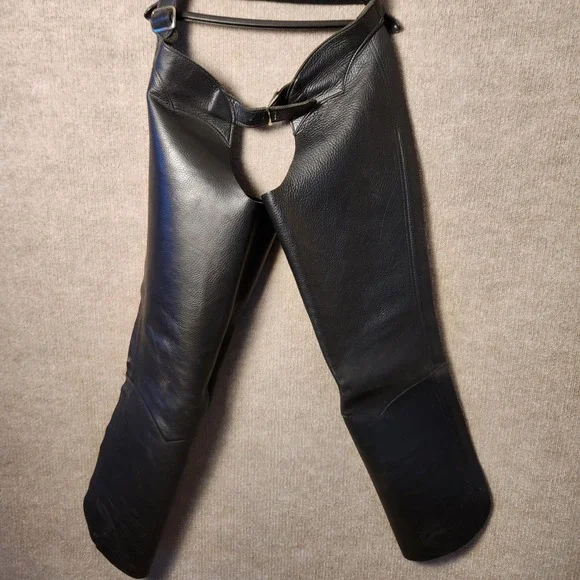 Black Leather Motorcycle Biker Chaps Protective Riding Gear Western Wear - Picture 1 of 7